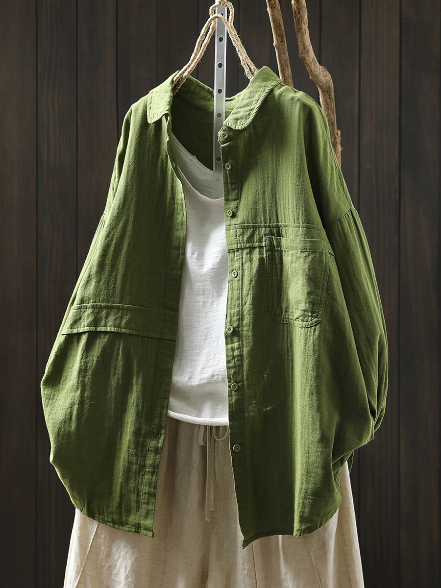 Women Pure Color Turn-down Collar 100%Cotton Shirt