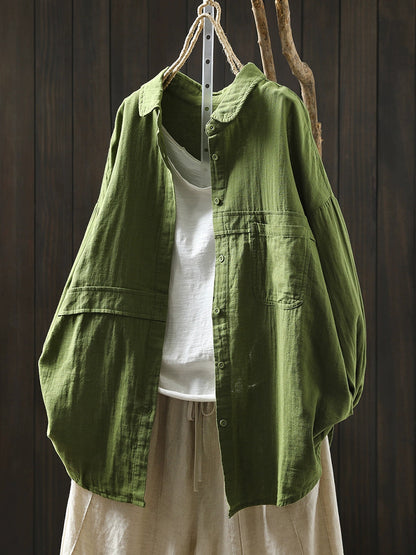Women Pure Color Turn-down Collar 100%Cotton Shirt