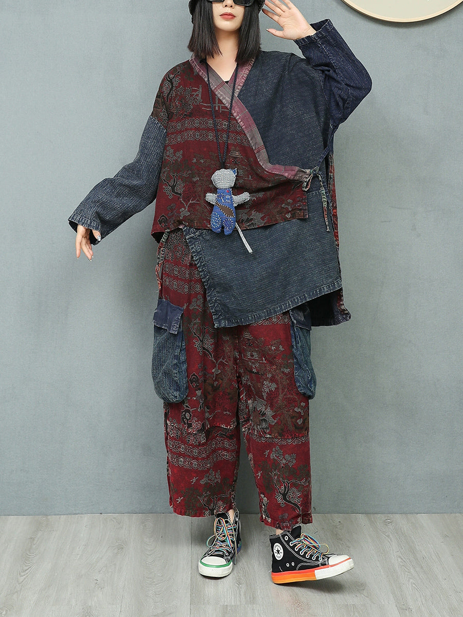 Women Autumn Ethnic Patchwork V-Neck Loose Cotton Suits