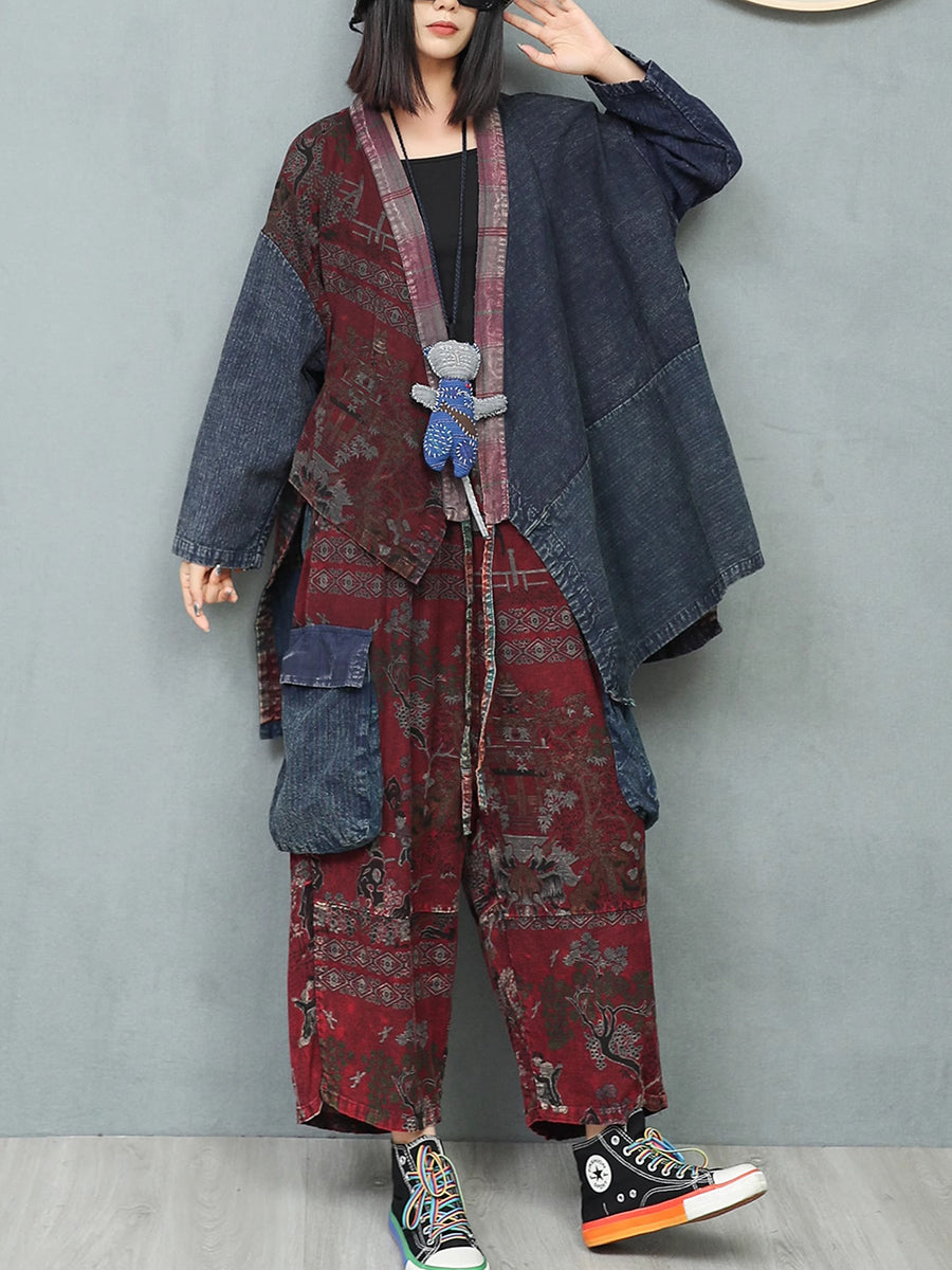 Women Autumn Ethnic Patchwork V-Neck Loose Cotton Suits