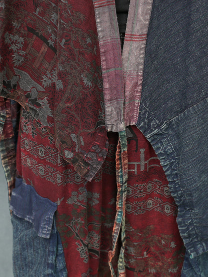 Women Autumn Ethnic Patchwork V-Neck Loose Cotton Suits