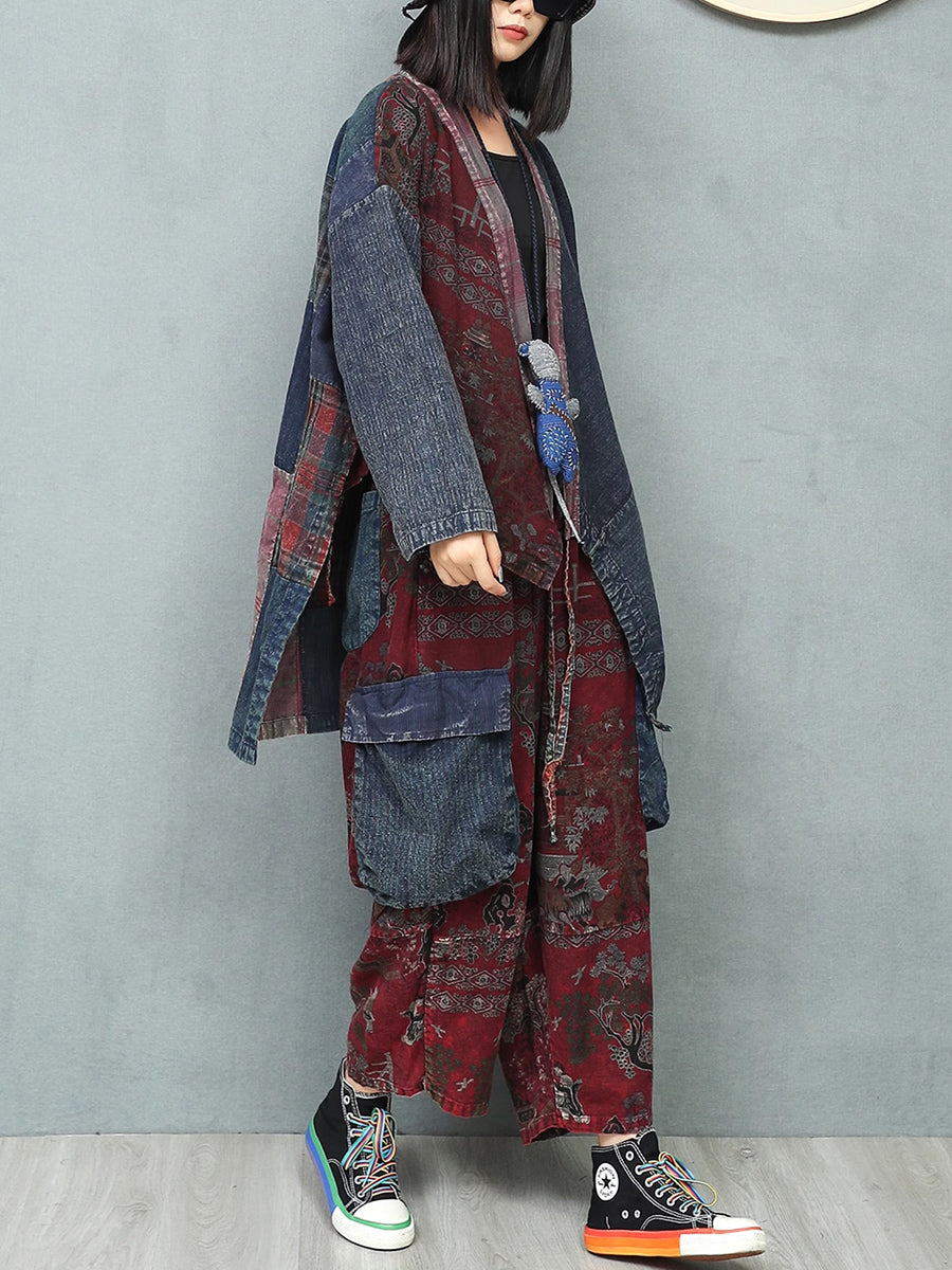 Women Autumn Ethnic Patchwork V-Neck Loose Cotton Suits