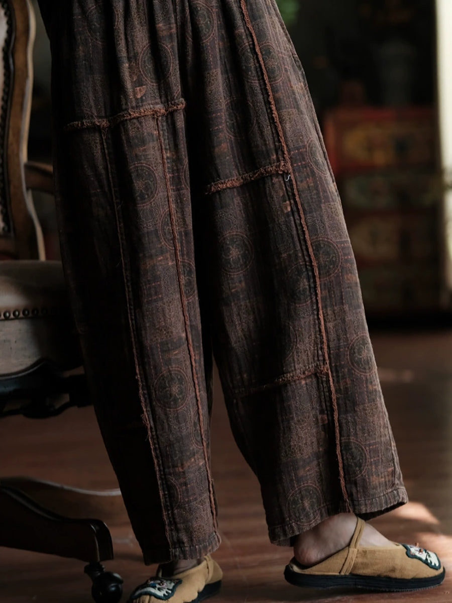 Women Summer Retro Print Spliced Cotton Wide-leg Pants