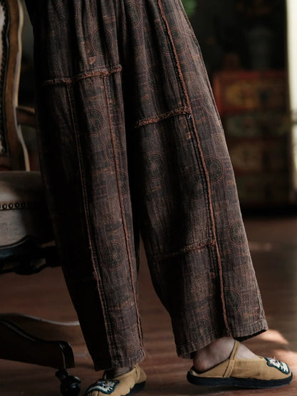 Women Summer Retro Print Spliced Cotton Wide-leg Pants