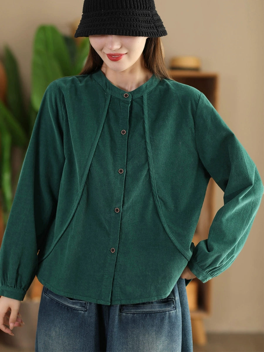 Women Retro Pure Color Stand Collar Spliced Corduroy Shirt