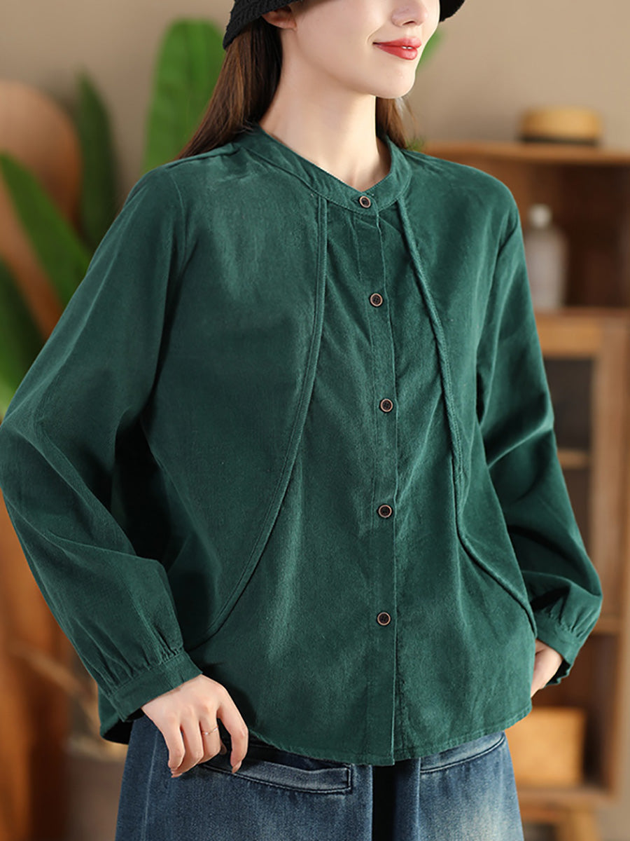 Women Retro Pure Color Stand Collar Spliced Corduroy Shirt