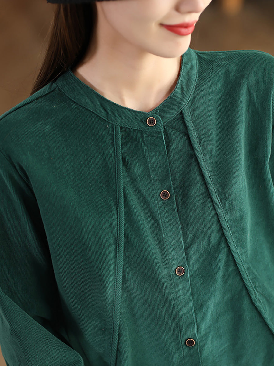 Women Retro Pure Color Stand Collar Spliced Corduroy Shirt