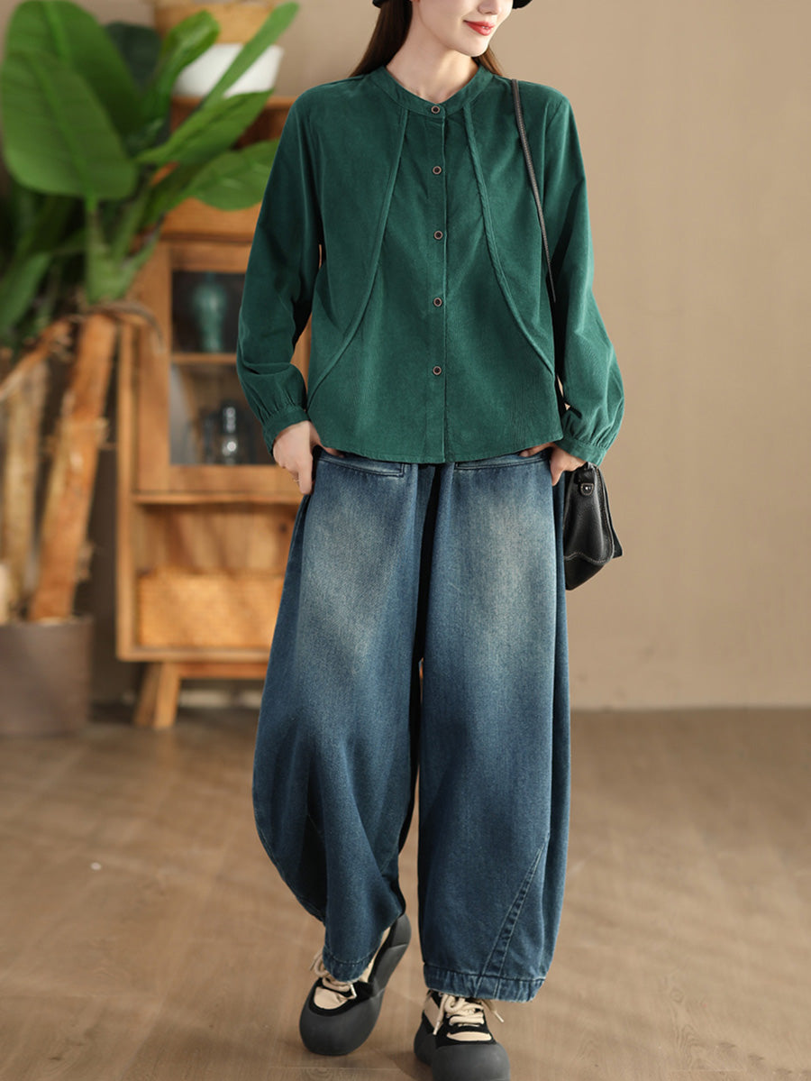 Women Retro Pure Color Stand Collar Spliced Corduroy Shirt