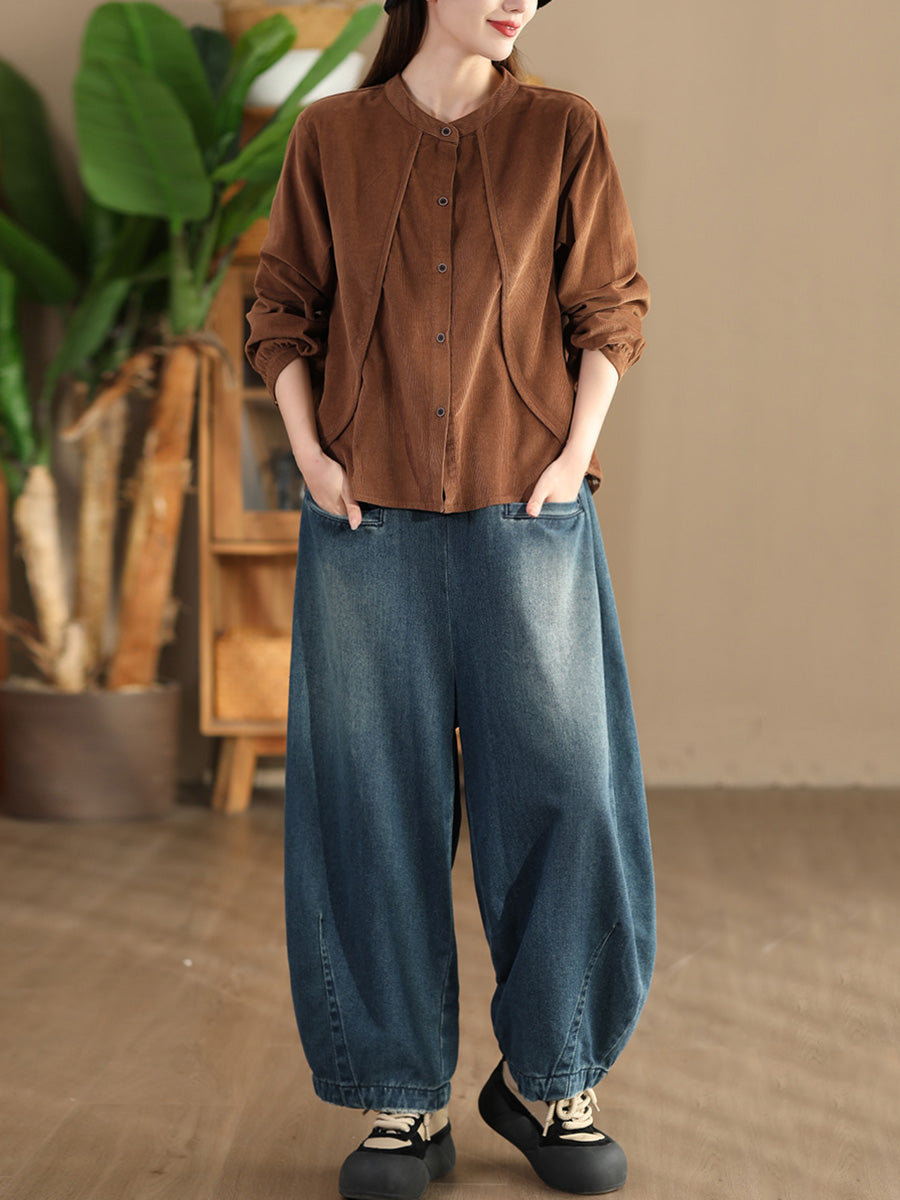 Women Retro Pure Color Stand Collar Spliced Corduroy Shirt