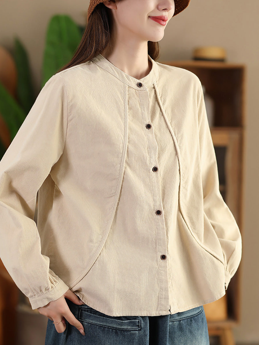 Women Retro Pure Color Stand Collar Spliced Corduroy Shirt
