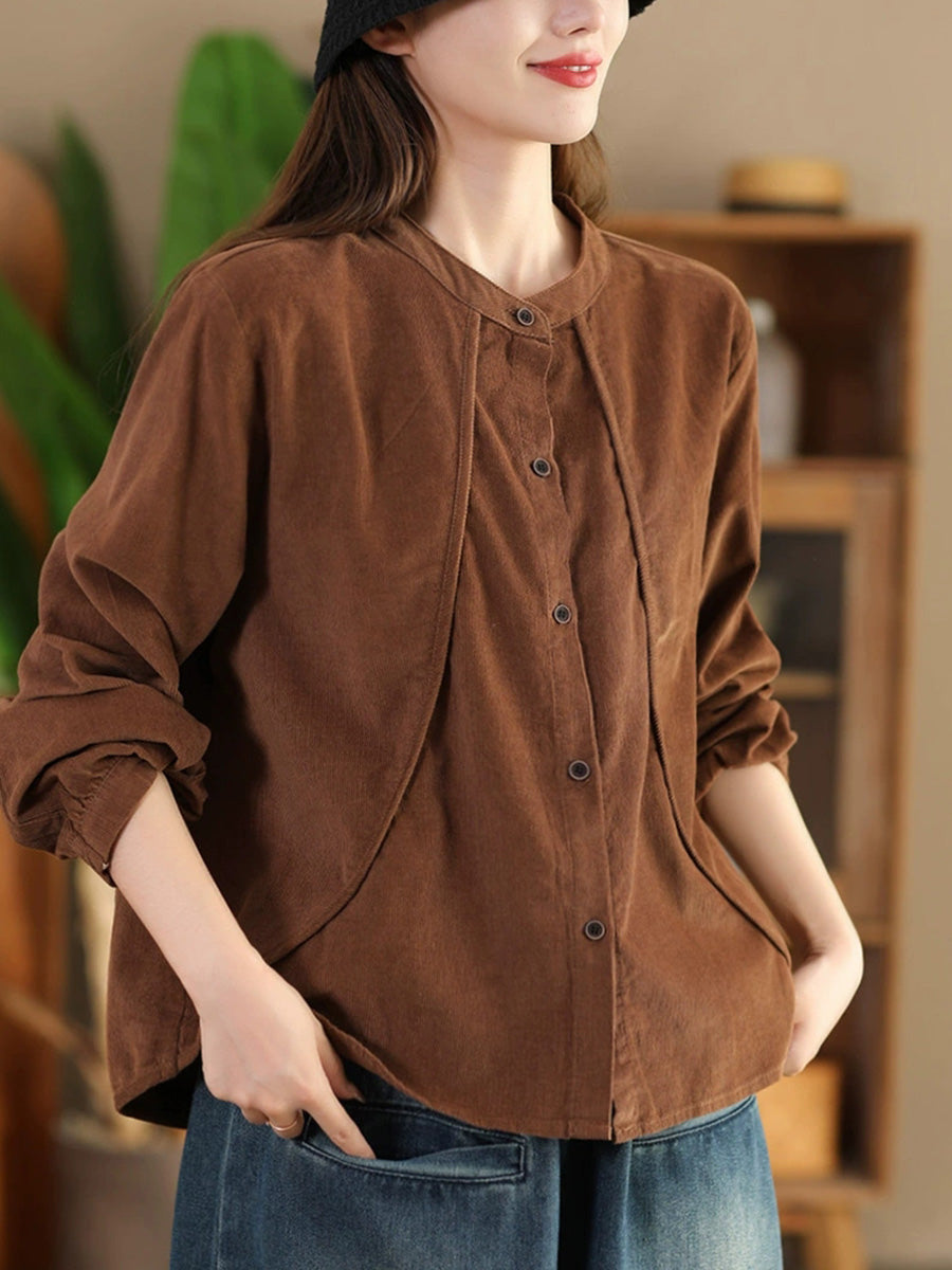 Women Retro Pure Color Stand Collar Spliced Corduroy Shirt