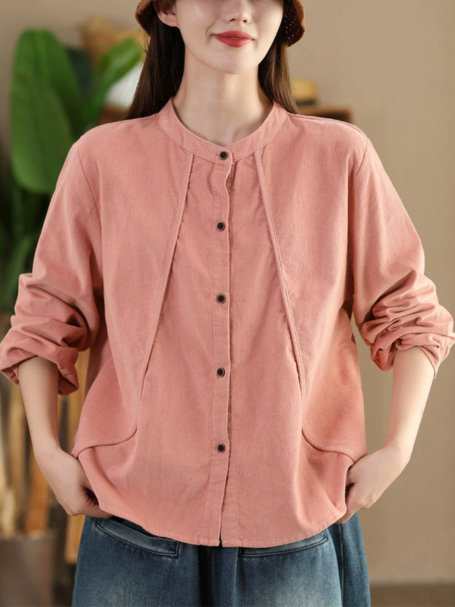Women Retro Pure Color Stand Collar Spliced Corduroy Shirt