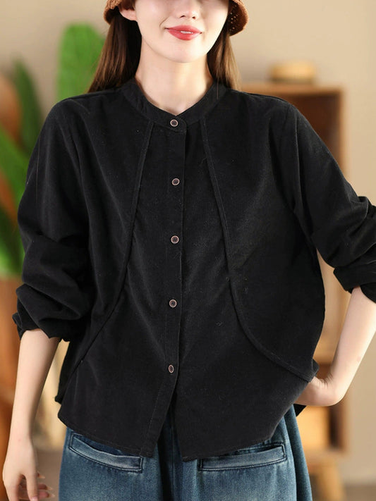 Women Retro Pure Color Stand Collar Spliced Corduroy Shirt