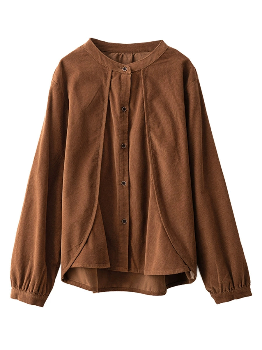 Women Retro Pure Color Stand Collar Spliced Corduroy Shirt