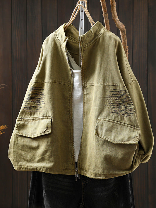 Women Casual Pure Color Stand Collar Embroidery 100%Cotton Shirt