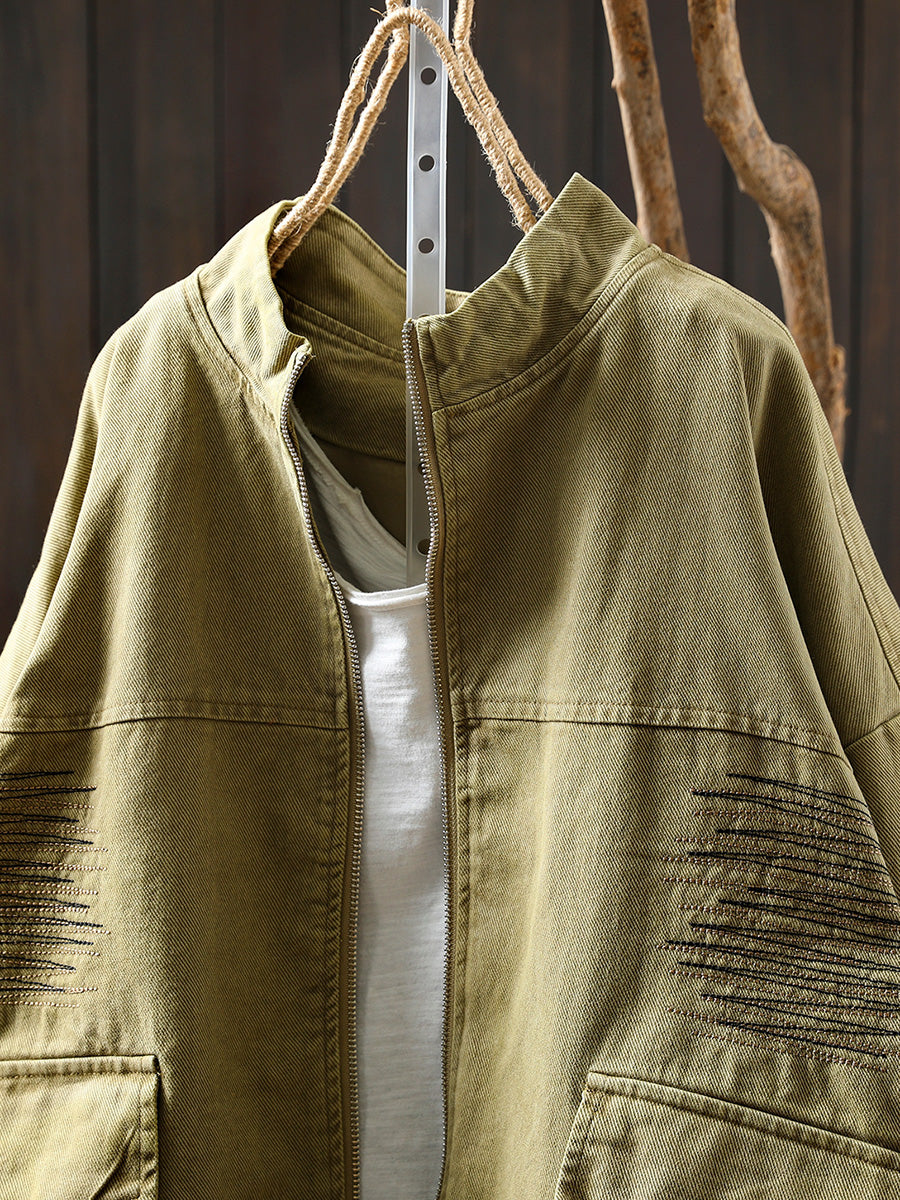 Women Casual Pure Color Stand Collar Embroidery 100%Cotton Shirt