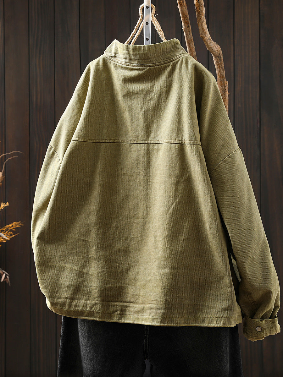 Women Casual Pure Color Stand Collar Embroidery 100%Cotton Shirt