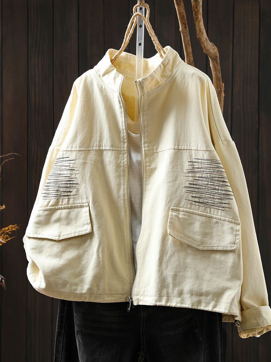 Women Casual Pure Color Stand Collar Embroidery 100%Cotton Shirt