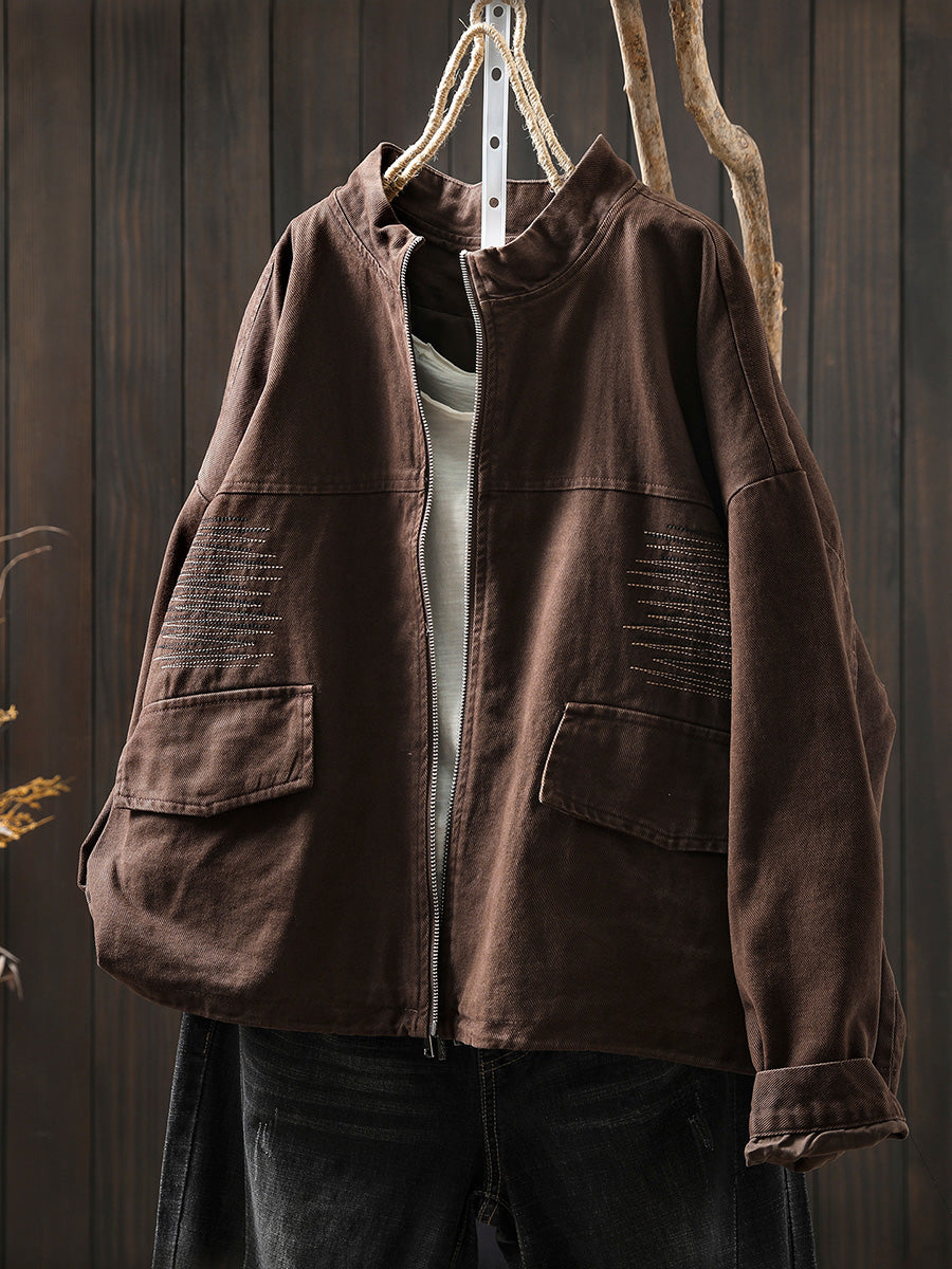 Women Casual Pure Color Stand Collar Embroidery 100%Cotton Shirt