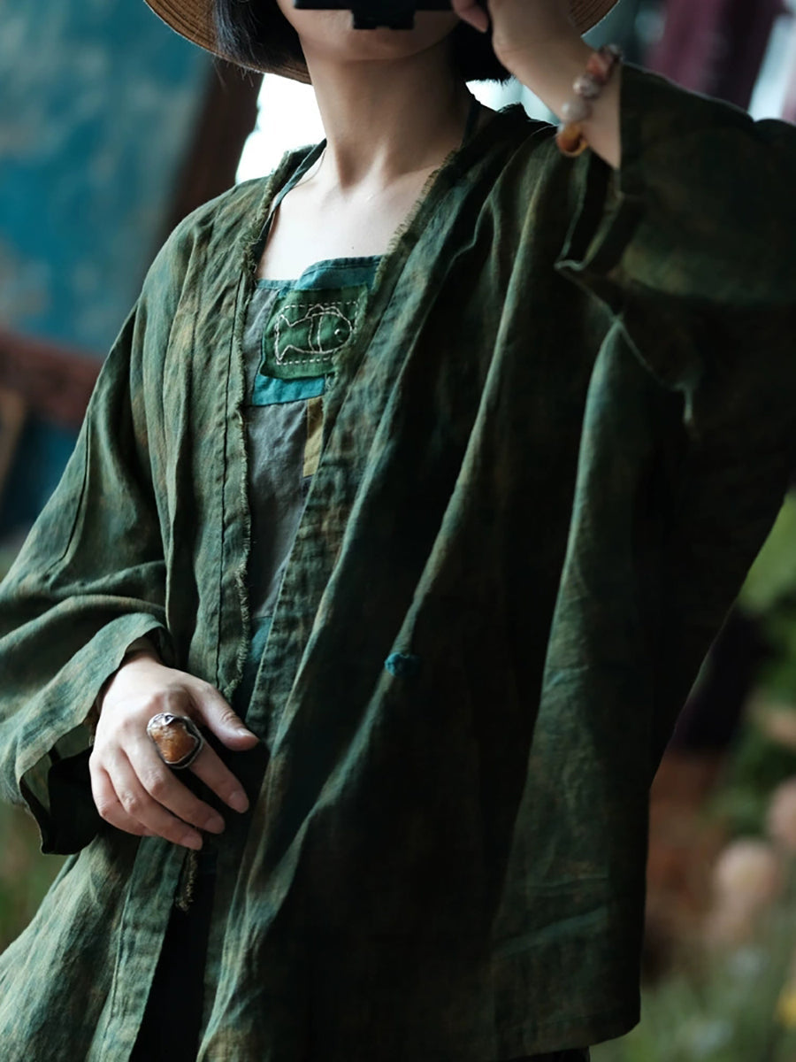 Women Summer Retro Tie-dye Linen V-Neck Shirt Coat