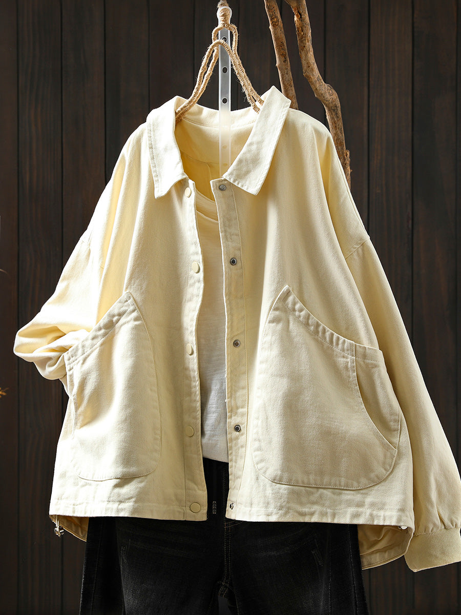 Women Pure Color Turn-down Collar 100%Cotton Shirt Coat
