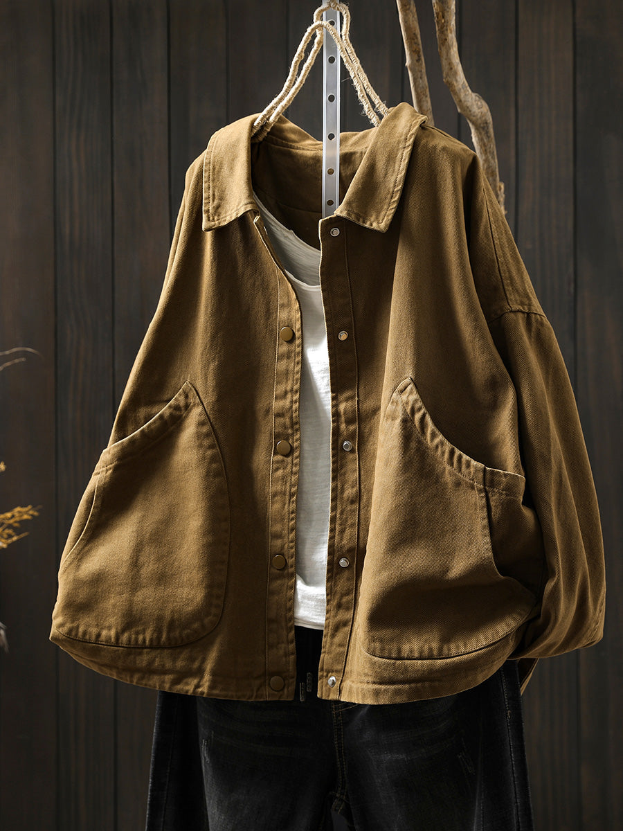 Women Pure Color Turn-down Collar 100%Cotton Shirt Coat