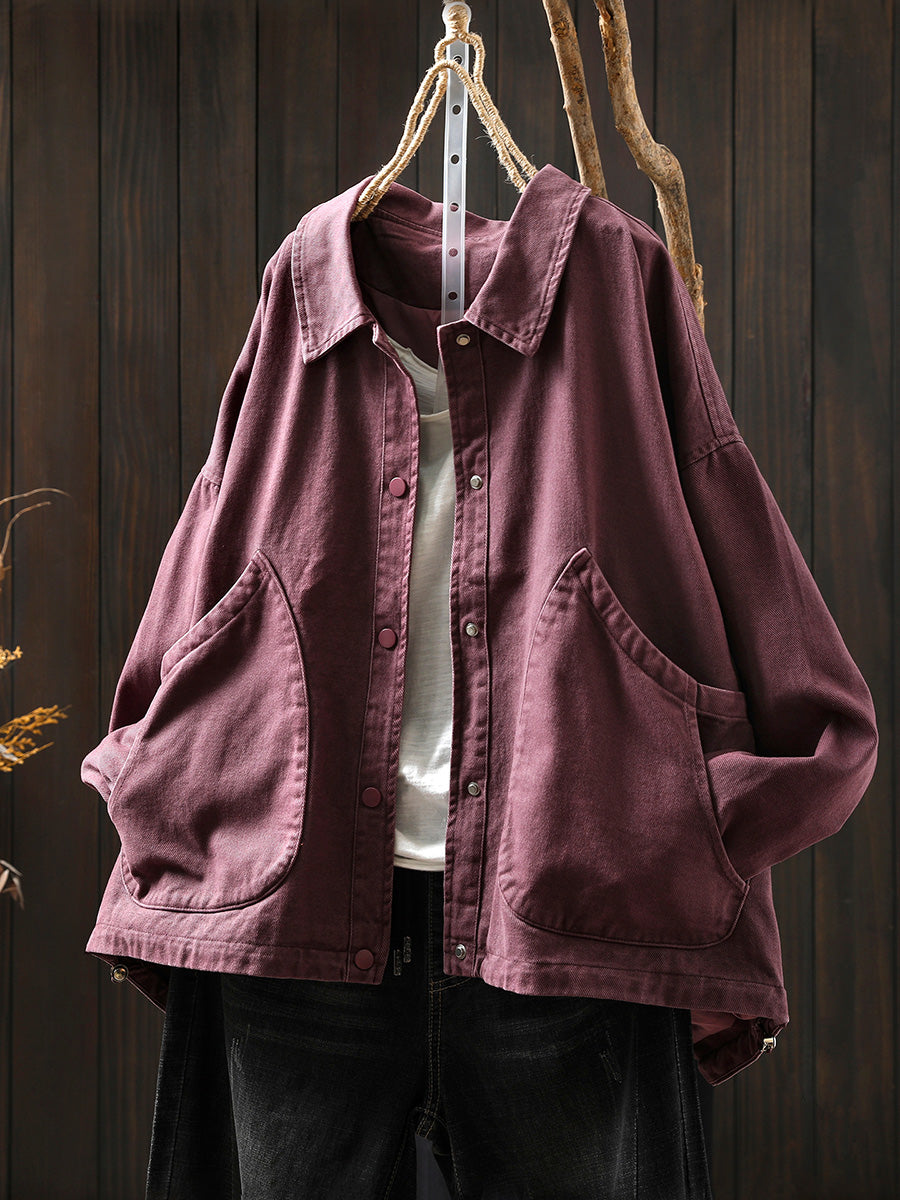 Women Pure Color Turn-down Collar 100%Cotton Shirt Coat