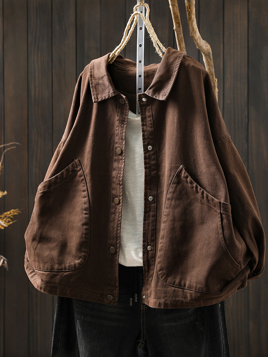 Women Pure Color Turn-down Collar 100%Cotton Shirt Coat