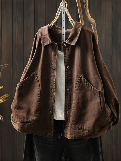 Women Pure Color Turn-down Collar 100%Cotton Shirt Coat