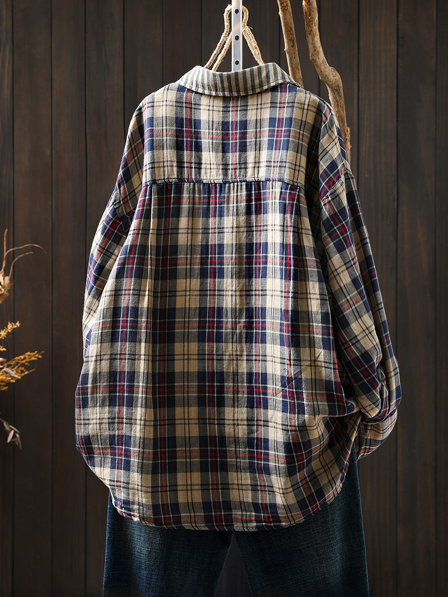 Women Autumn Vintage Stripe Plaid Spliced 100%Cotton Shirt