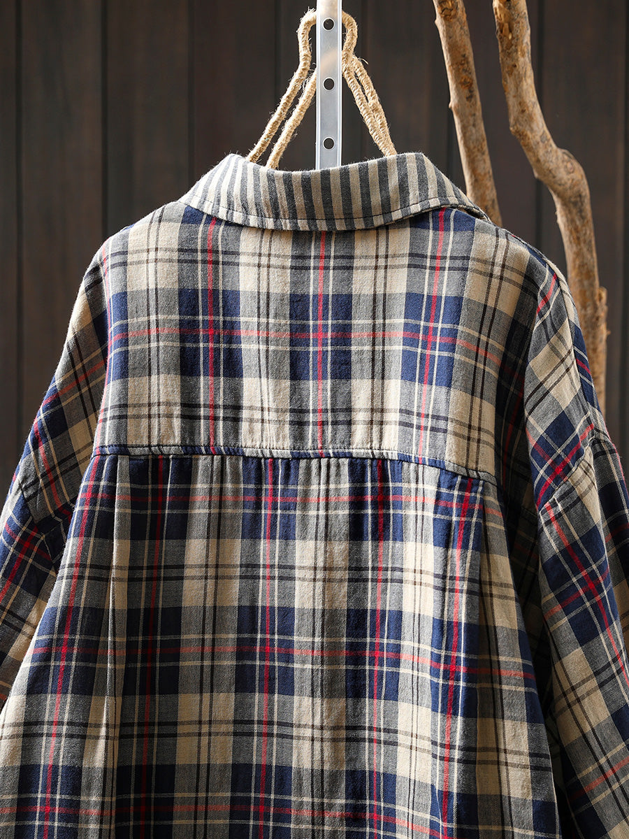 Women Autumn Vintage Stripe Plaid Spliced 100%Cotton Shirt