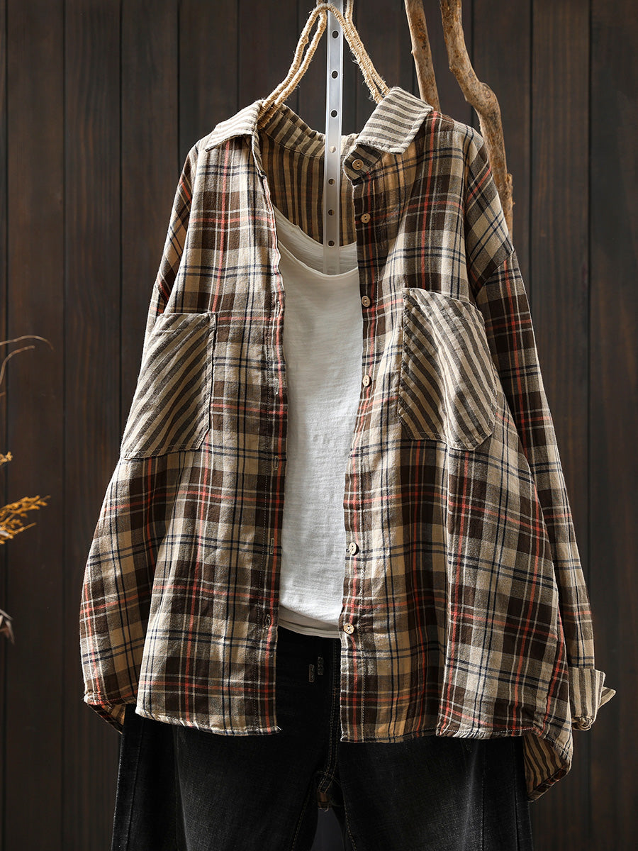 Women Autumn Vintage Stripe Plaid Spliced 100%Cotton Shirt