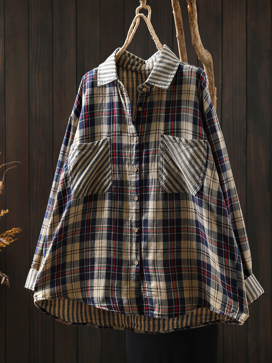 Women Autumn Vintage Stripe Plaid Spliced 100%Cotton Shirt
