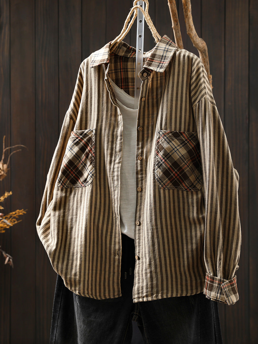 Women Autumn Vintage Stripe Plaid Spliced 100%Cotton Shirt