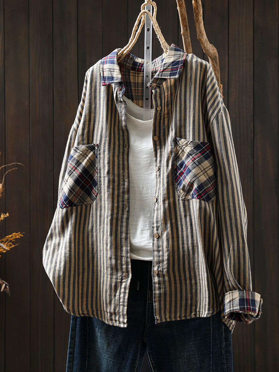 Women Autumn Vintage Stripe Plaid Spliced 100%Cotton Shirt