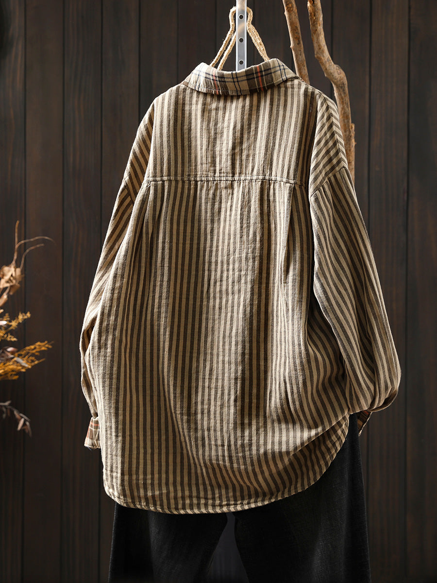 Women Autumn Vintage Stripe Plaid Spliced 100%Cotton Shirt
