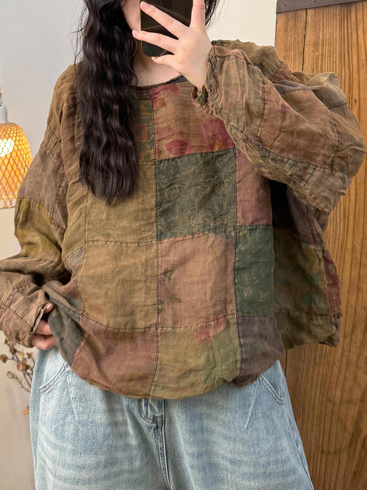 Women Summer Retro Patchwork Ramie O-neck Shirt