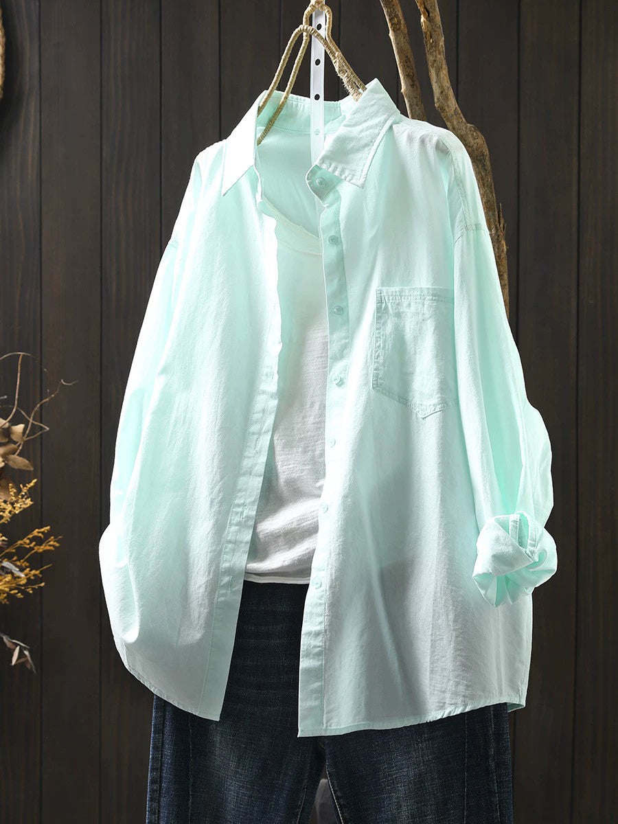 Women Artsy Pure Color Turn-down Collar 100%Cotton Shirt