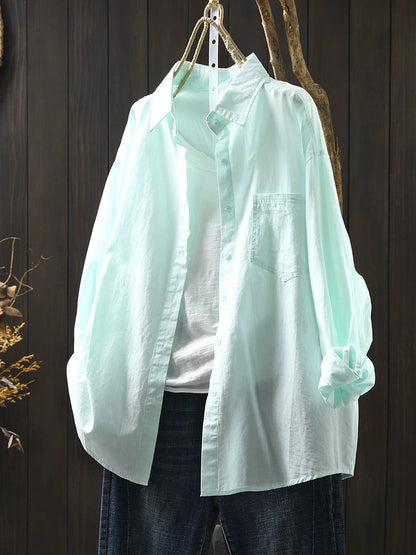 Women Artsy Pure Color Turn-down Collar 100%Cotton Shirt