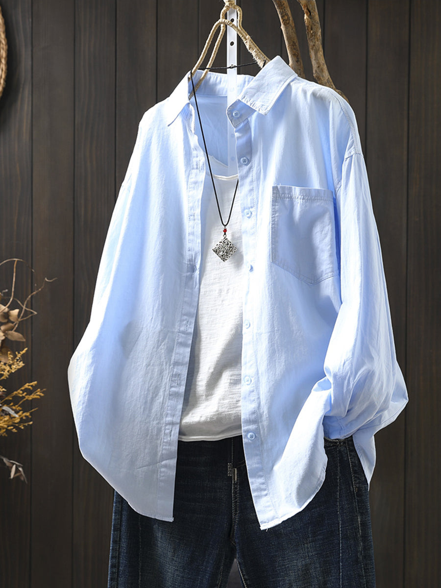 Women Artsy Pure Color Turn-down Collar 100%Cotton Shirt
