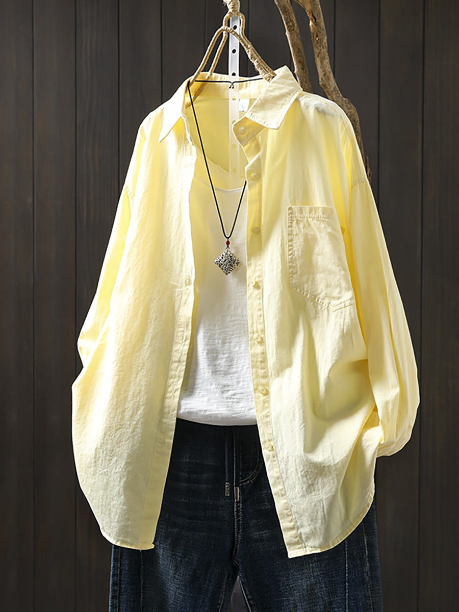 Women Artsy Pure Color Turn-down Collar 100%Cotton Shirt