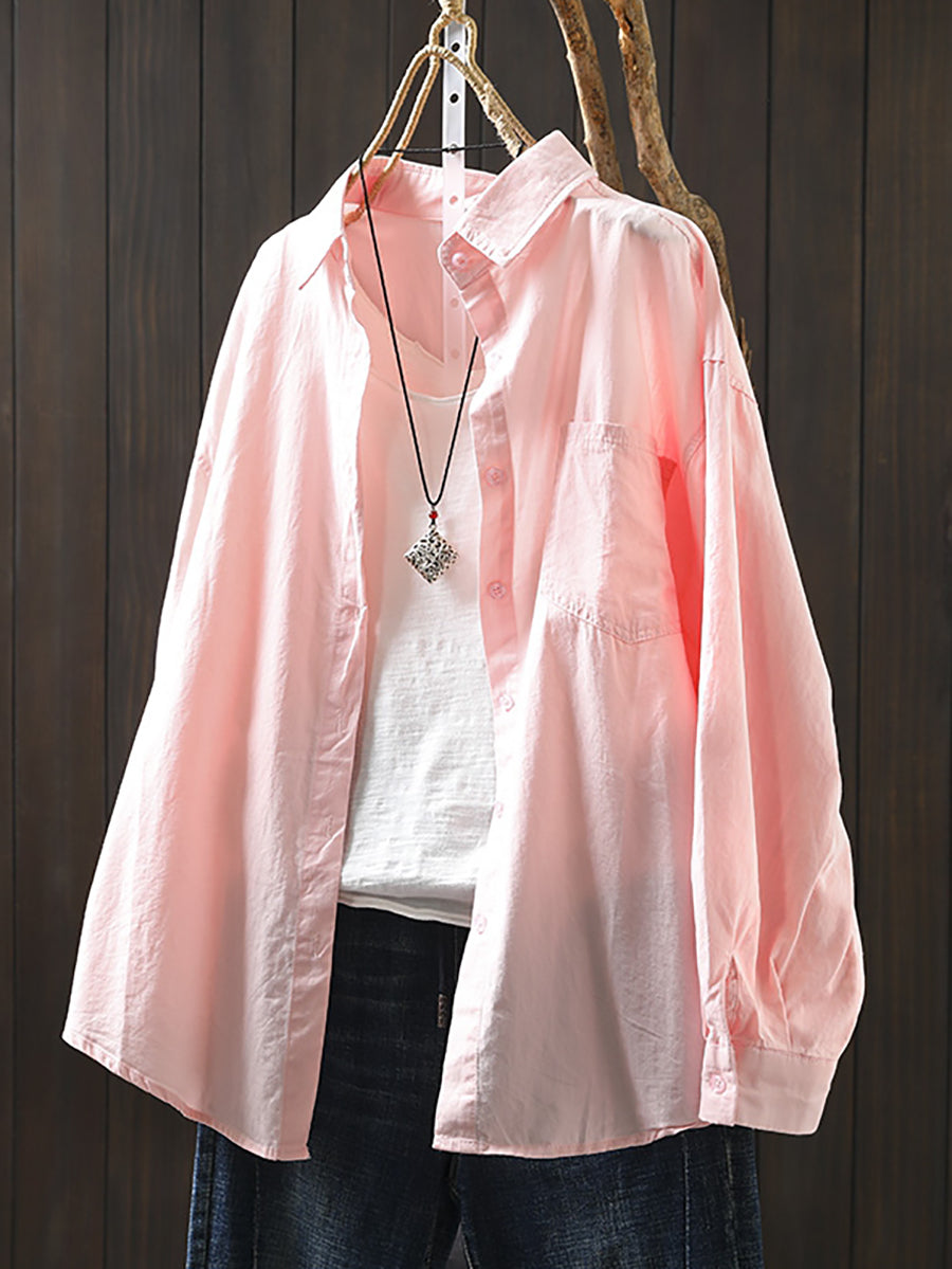 Women Artsy Pure Color Turn-down Collar 100%Cotton Shirt