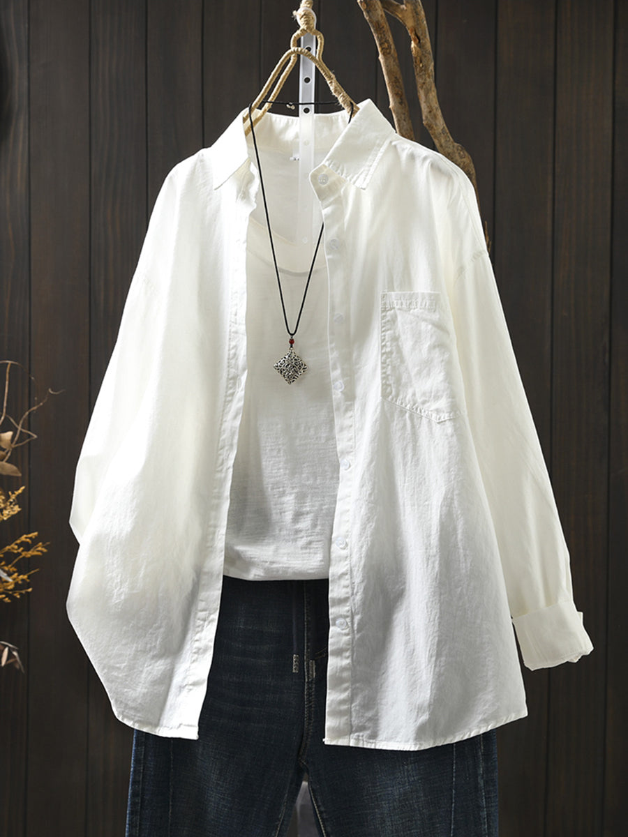 Women Artsy Pure Color Turn-down Collar 100%Cotton Shirt