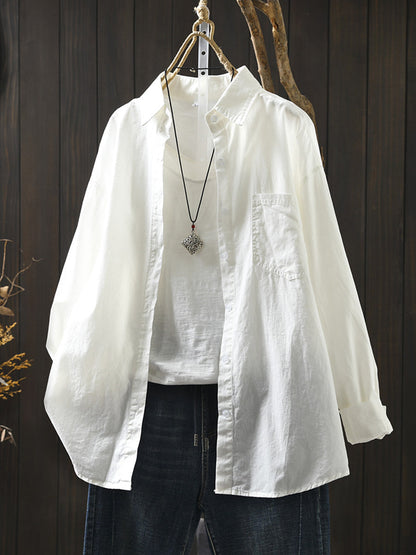 Women Artsy Pure Color Turn-down Collar 100%Cotton Shirt