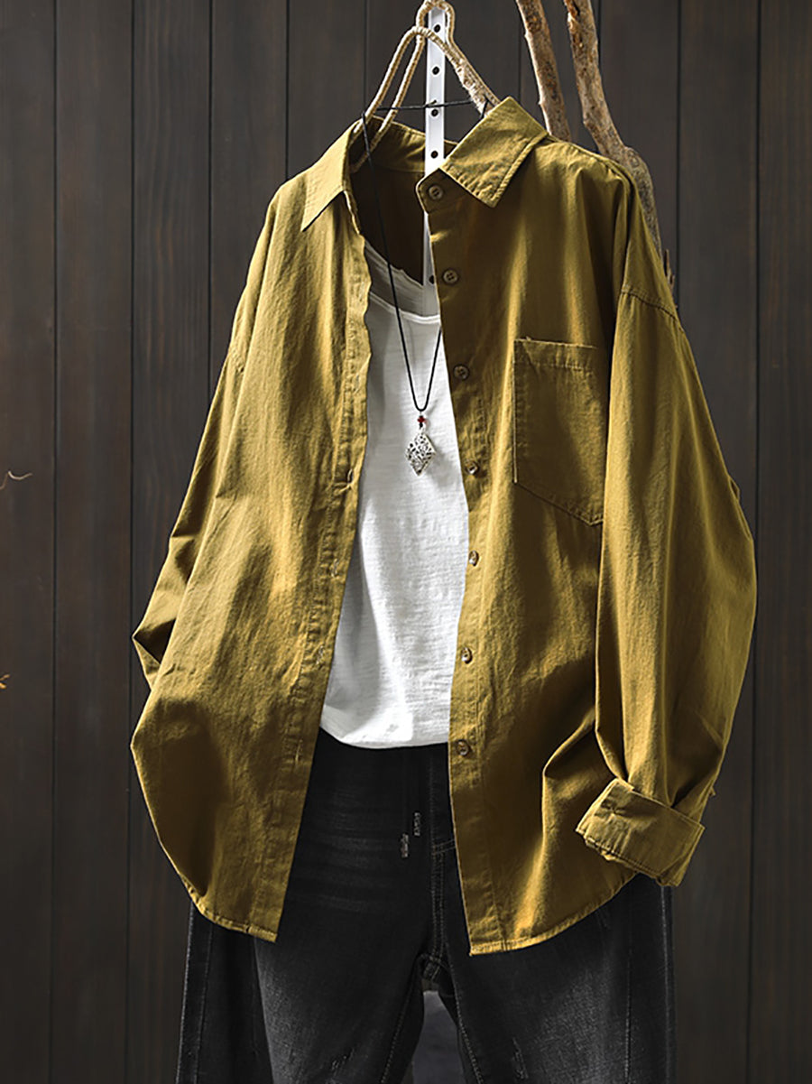 Women Artsy Pure Color Turn-down Collar 100%Cotton Shirt