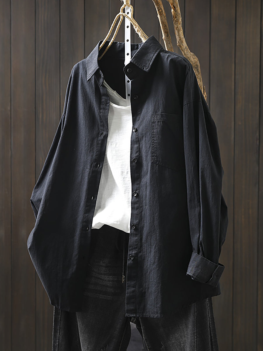 Women Artsy Pure Color Turn-down Collar 100%Cotton Shirt