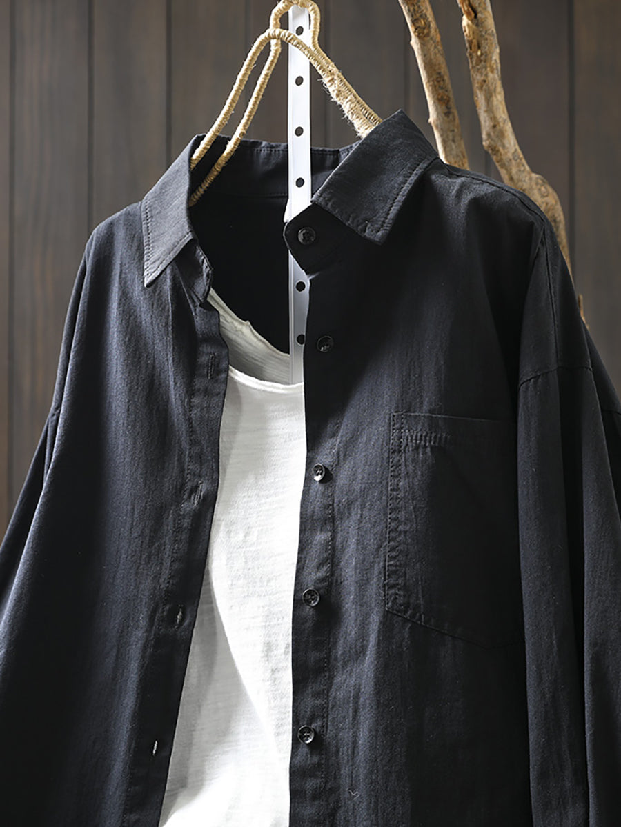 Women Artsy Pure Color Turn-down Collar 100%Cotton Shirt