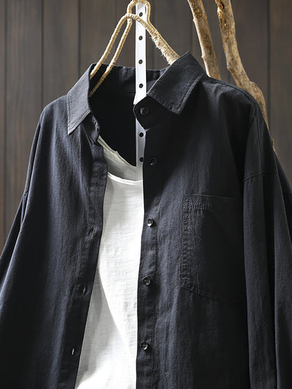 Women Artsy Pure Color Turn-down Collar 100%Cotton Shirt