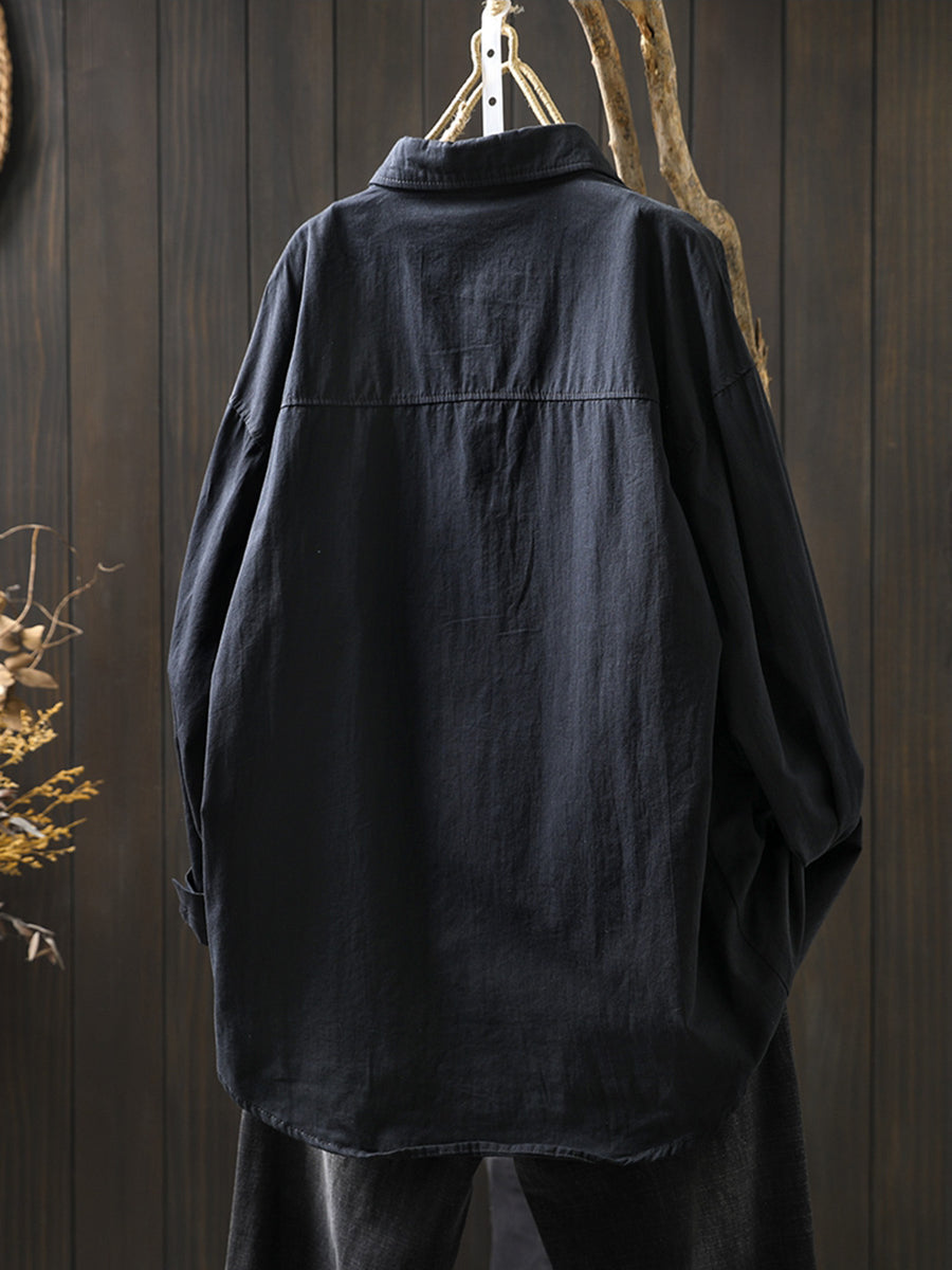 Women Artsy Pure Color Turn-down Collar 100%Cotton Shirt