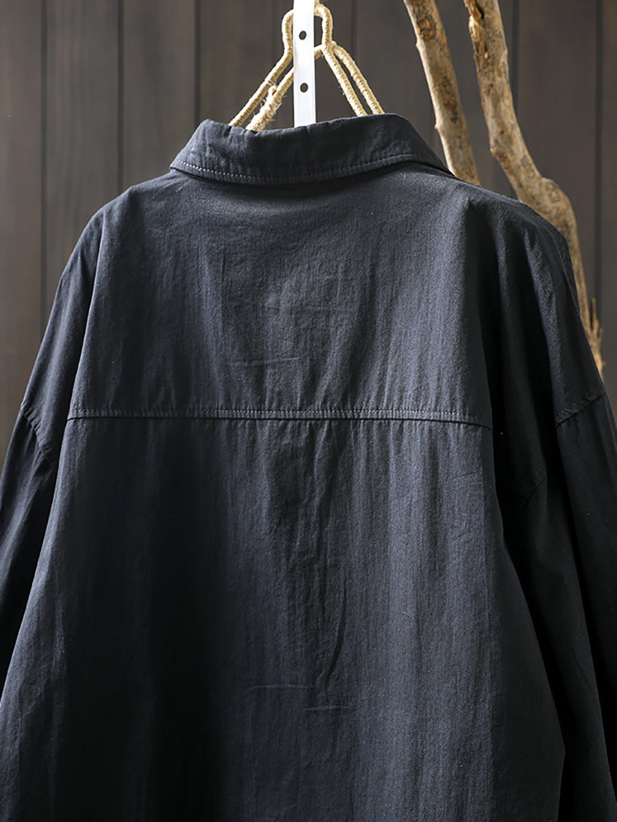 Women Artsy Pure Color Turn-down Collar 100%Cotton Shirt